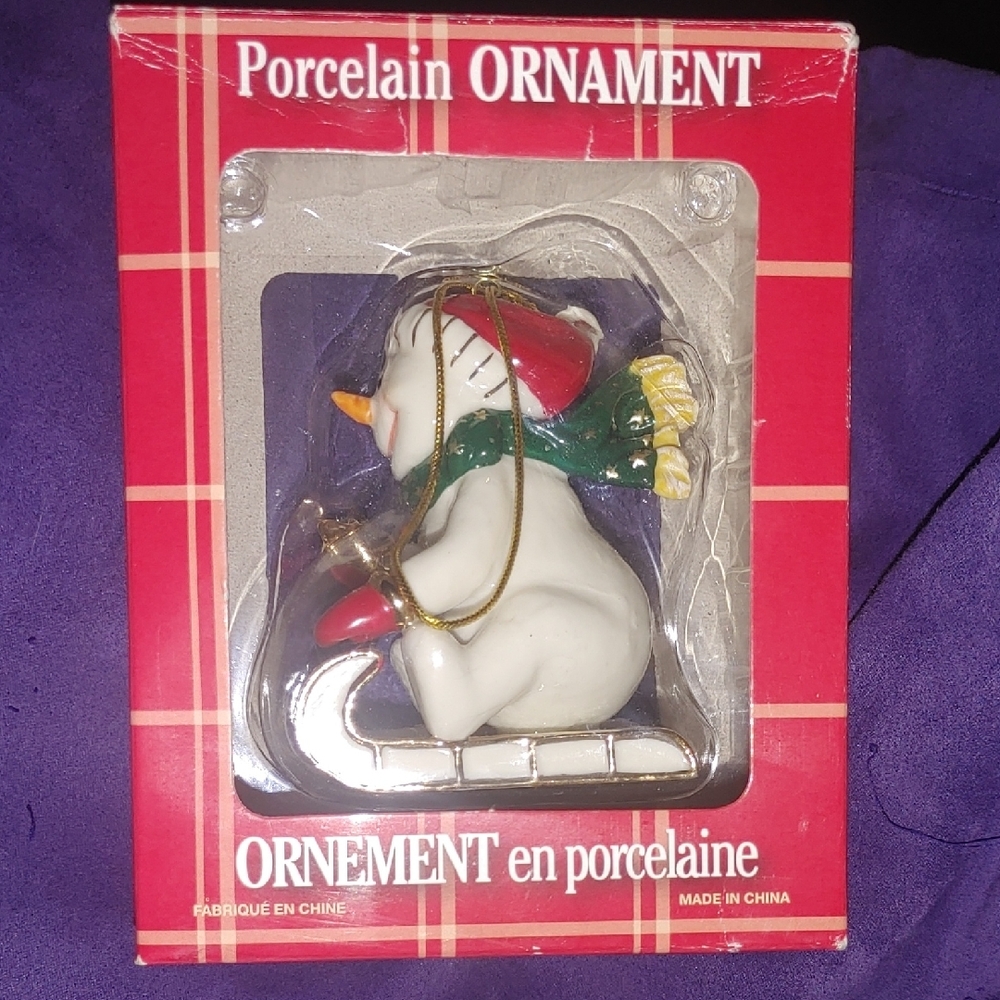 Porcelain Snowman Ornament with Red and Green Accents